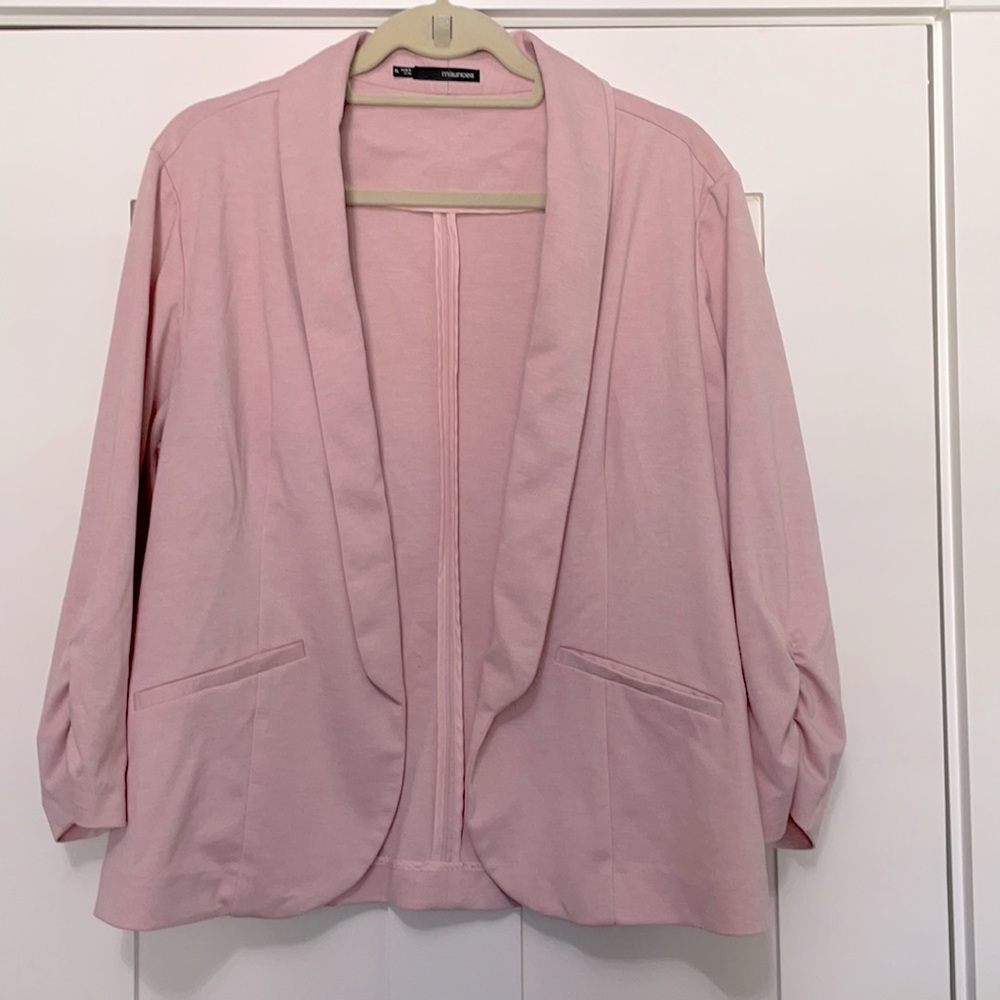 Maurices Pink Cropped Open Blazer Ruched Sleeves